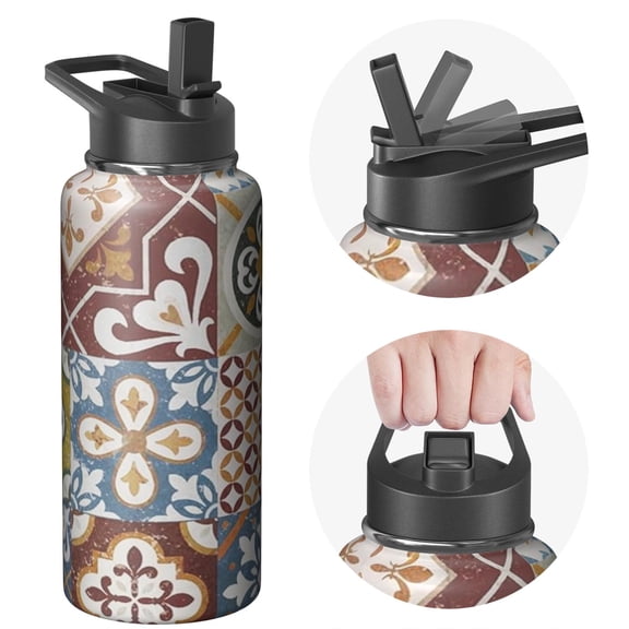 32oz Triple Walled Insulated Bohemian Boho Themed Water Bottle with Straw, Stainless Steel Metal Bottle, Leakproof Lids for Travel, Sports, Gym Men Women