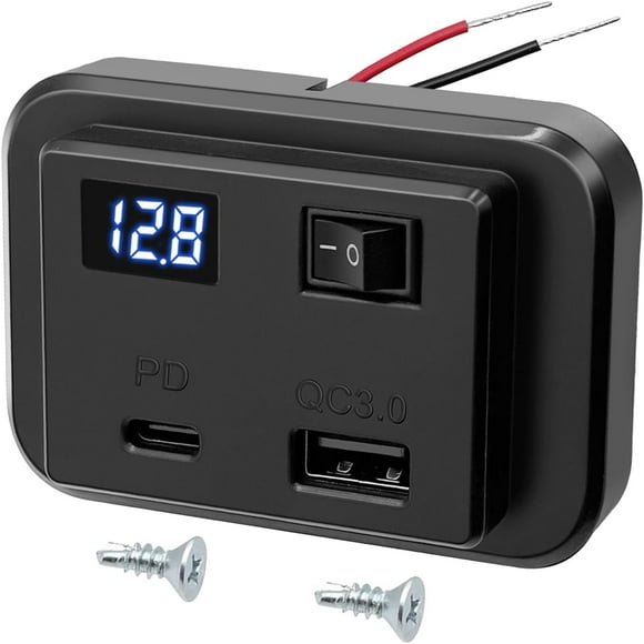 UTAH-RV USB Outlet 12 Volt USB Car Charger with Voltmeter on Off Switch USB C Outlets Wall Mount Panel for Bus Boat Marine Auto