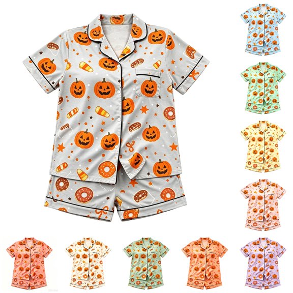 HAYIMI Kids Halloween Short Sleeve Button Lapel Blouse Tops And Shorts Girls Spring Autumn Pajama Set Casual Homewear, 5-6 Years