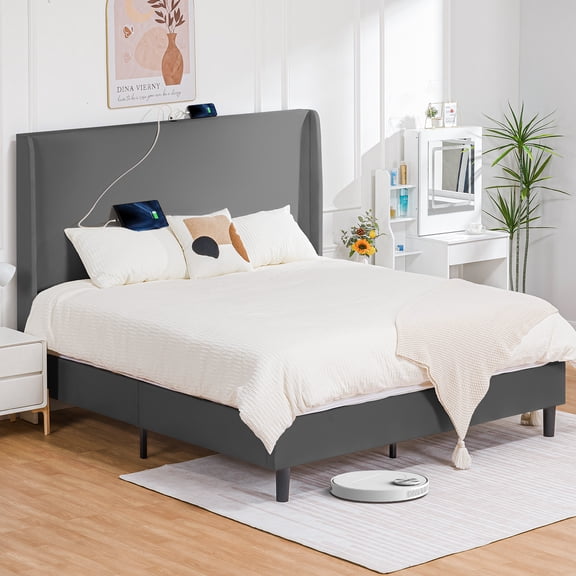 COMHOMA King Bed Frame with Type-C & USB, Upholstered Bed Frame with 51" High Headboard Tall, White Bed Frame with Wood Slat Support, Wingback Headboard,Grey