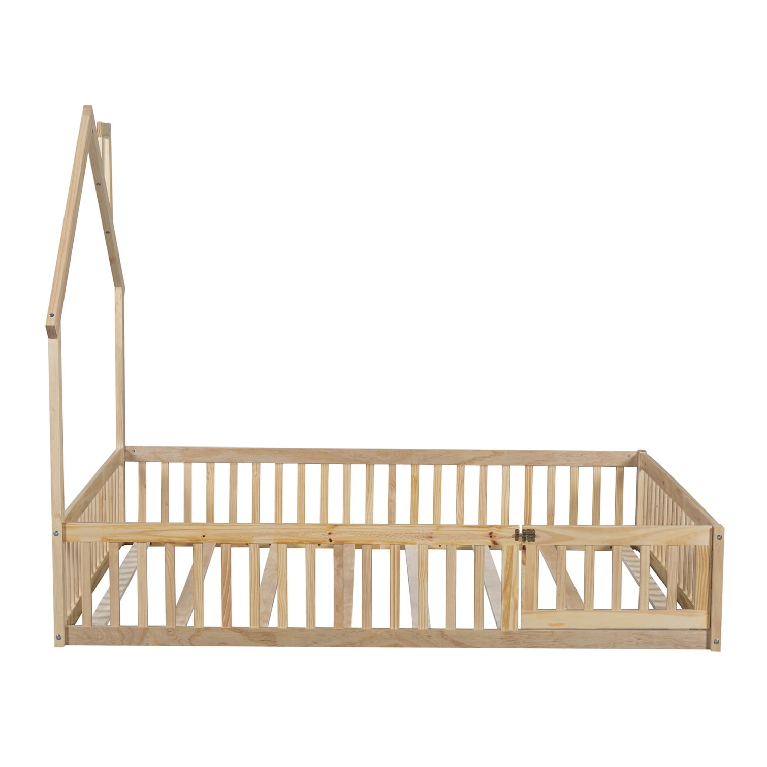 Full Size Floor Bed with Door and Slats,Montessori Floor Bed with Safety Guardrails,House Platform Bed for Girls and Boys,Natural