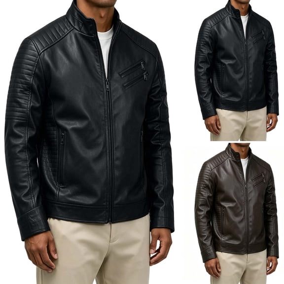 Miqool Men's Stand Collar Leather Motorcycle Jacket Zip Up Vintage Lightweight Faux Leather Biker Coat Long Sleeve Outerwear with Multi Pocket S-3XL