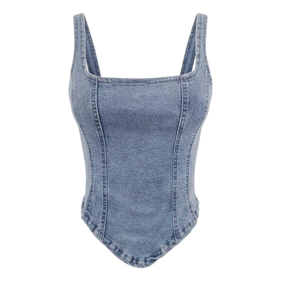VNKIDY Womens Square Neck Denim Bustier Top With Wide Straps Form Fitting Washed Denim Corset For Summer Street Style Wear Blue S