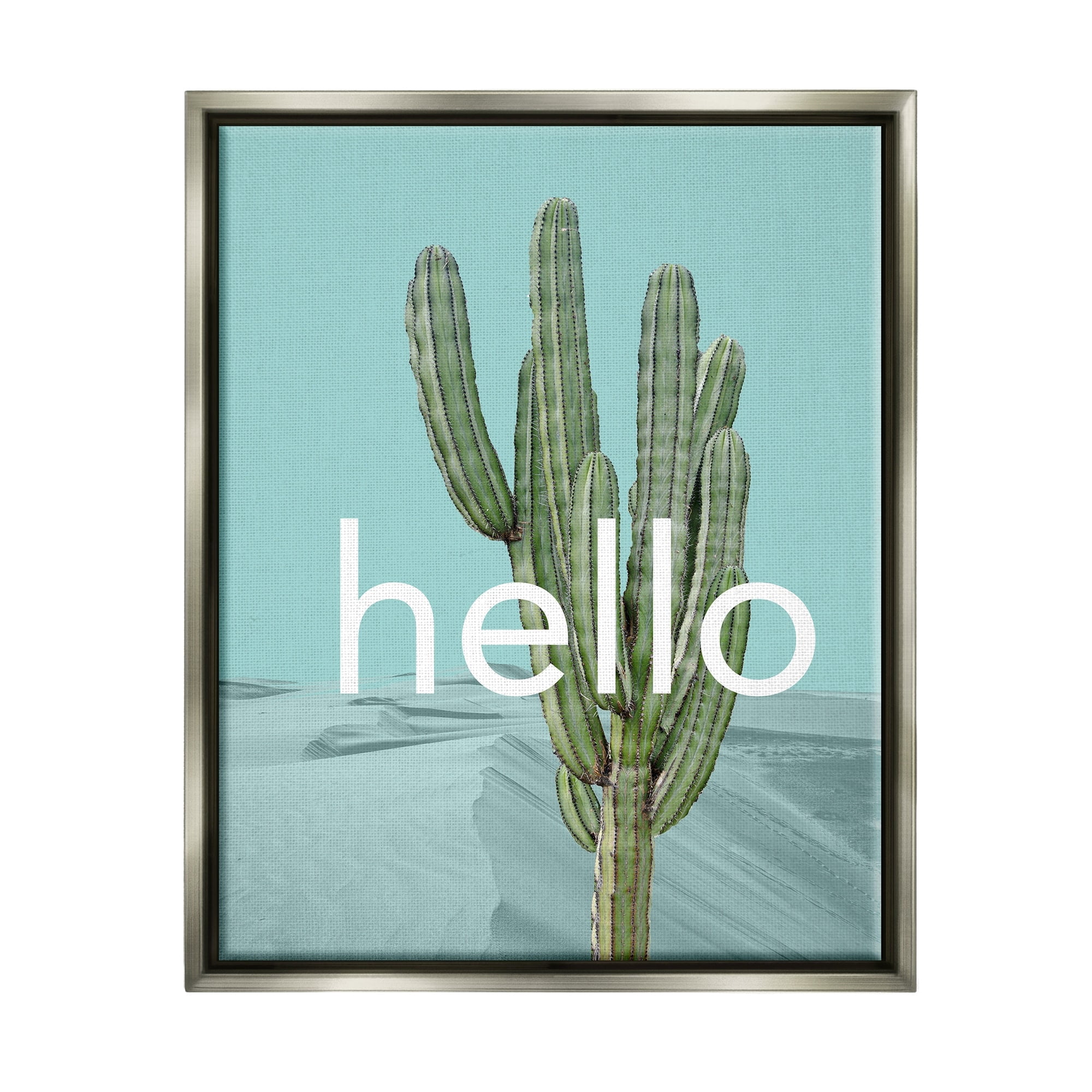 Stupell Industries Bold Hello Cactus Greeting Blue Desert Dunes Graphic Art Luster Gray Floating Framed Canvas Print Wall Art, Design by J. Weiss