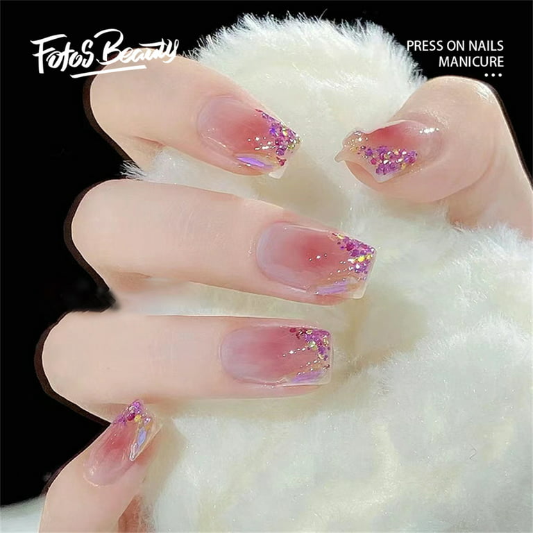 Aurora Pink Diamond False Nail Short Square Press on Nails for Nails Art  24pcs