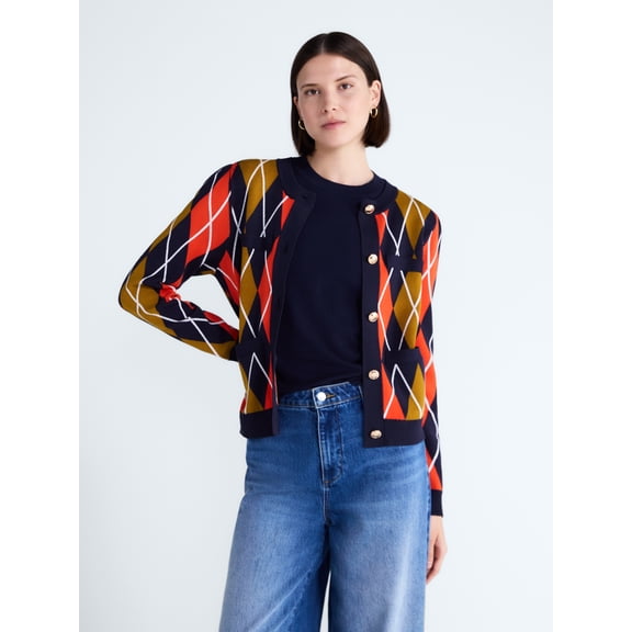 Free Assembly Women's and Women's Plus Argyle Cardigan Sweater with Puff Sleeves, Midweight, Sizes XS-4X