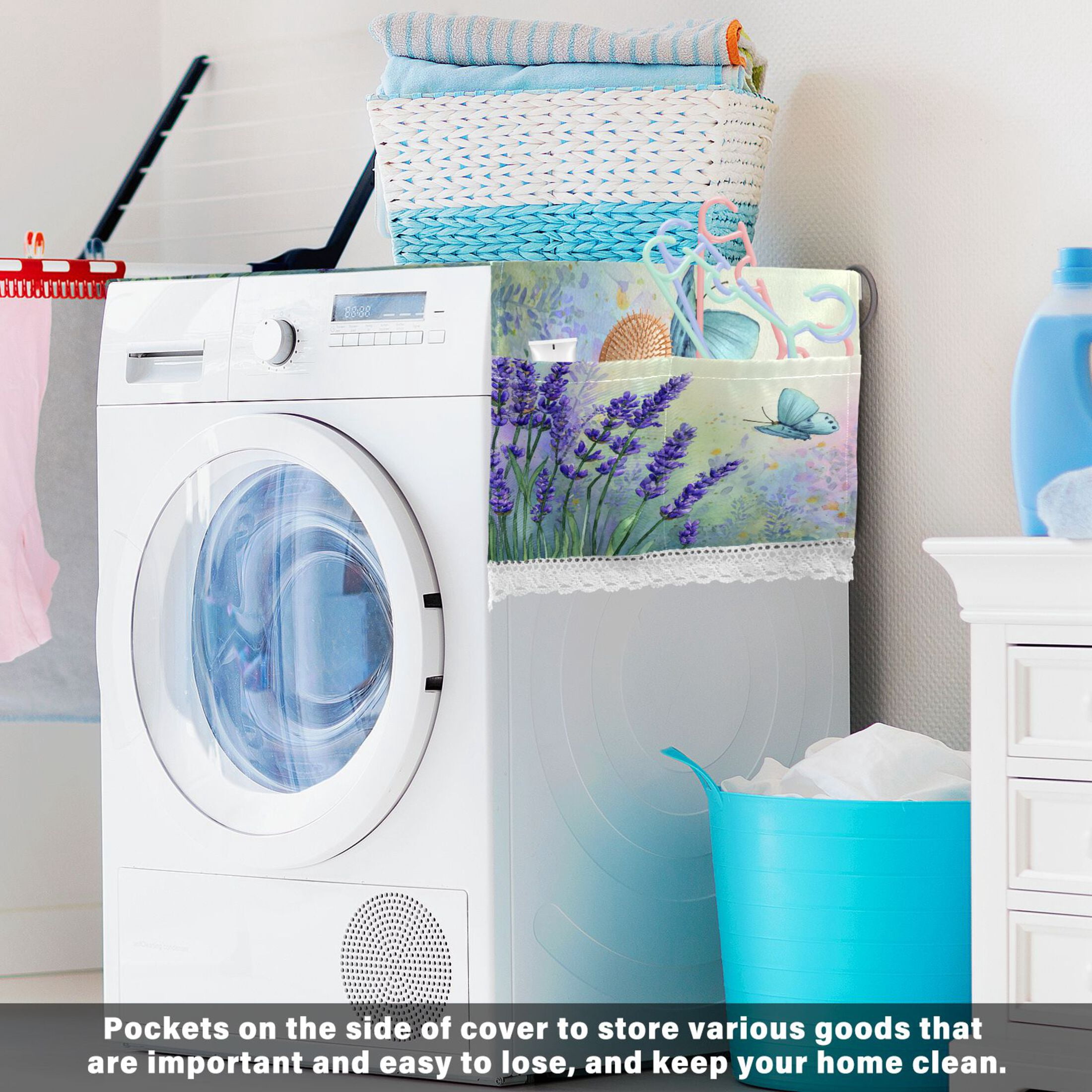Wobogo Mystic Lavender Butterfly Washing Machine Cover Dustproof Washer Dryer Cover Waterproof Laundry Room Decorative Protector
