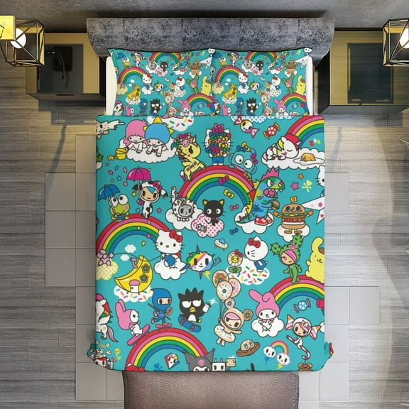 Rainbow Dreams Hello-Kitty Mymelody Kuromi Bed Sheet Set for Kids Boys Girls,Queen Sheet Set,Duvet Cover,Bed Sheets,Decor Bed Cover Bedroom Collection 3Pcs Full Size,86"x70"