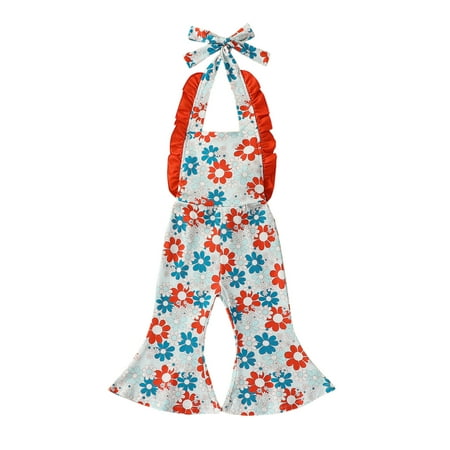 

Baby Girl Summer Jumpsuit Overalls Sleeveless Backless Halter Neck Floral Print Romper Bell-Bottoms 0-24 Months
