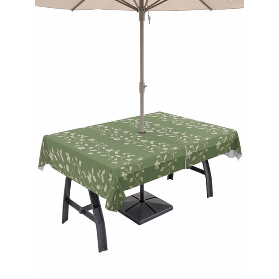 Outdoor Tablecloths with Umbrella Hole & Zipper, Sage Green Floral Tablecloth Rectangle 60x84 Inch, Spring Flowers Waterproof Table Cloth, Patio/Pool/Picnic Table Covers