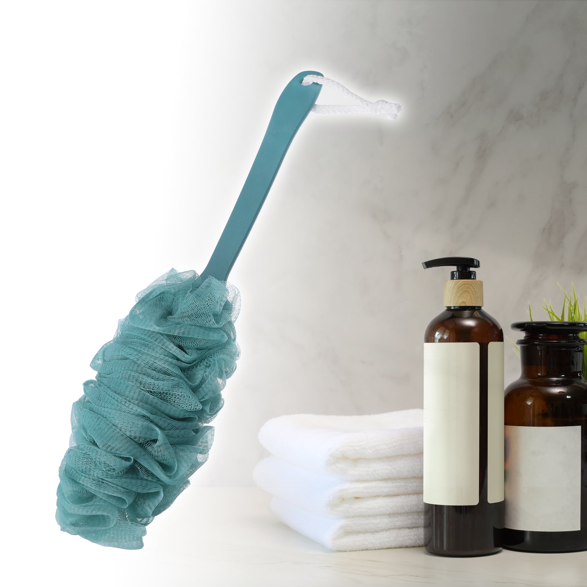 Unique Bargains 1 Pc Body Bath Brush Scrubber Loofah Shower with Long Handle PP Mesh Blue