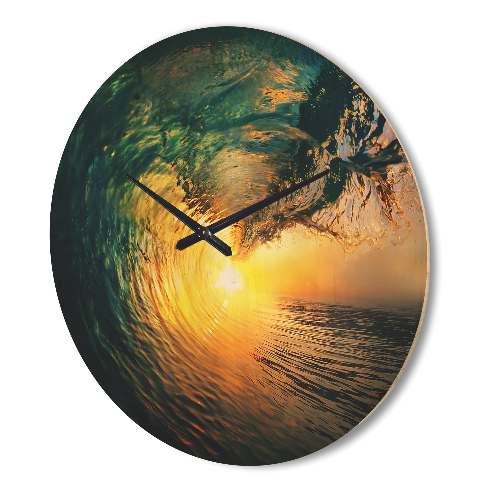 Designart 'Colored Ocean Waves Falling Down At Sunset VI' Coastal Wood Wall Clock