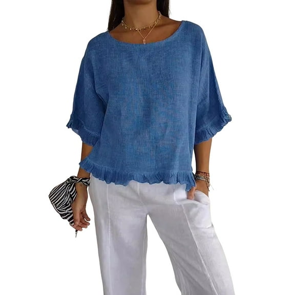 Round Neck Ruffled Hem Mid-Sleeve Cotton and Linen Top Solid Short Sleeve Blouse Tops,Women T-Shirt Blue XL