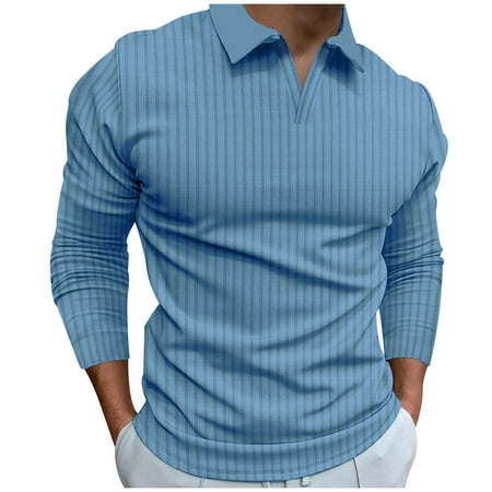 Fashion YLSDY Mens Ribbed Knit Button Collared Shirts Casual Quarter-Button Outdoor Pique Performance Long Sleeve Tactical Workout Sport Golf Shirts Light Blue L