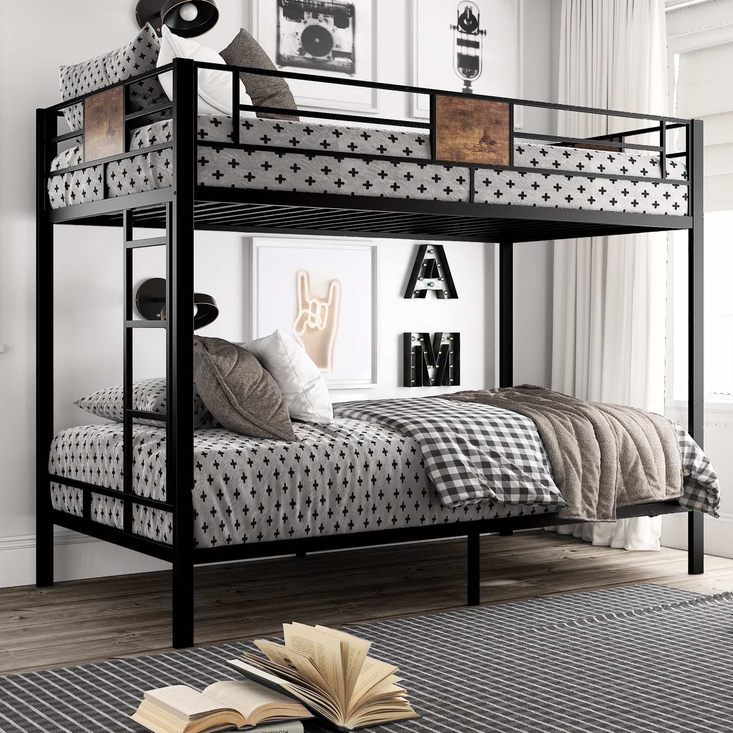 Amolife Twin Over Twin Size Metal Bunk Bed Frame with Removable Ladder & Sturdy Full-Length Guardrail, Black