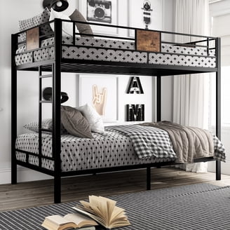 Full Over Full Metal Bunk Bed Frame With Guardrails & Ladder - Heavy Duty For Kids, Teens, Adults