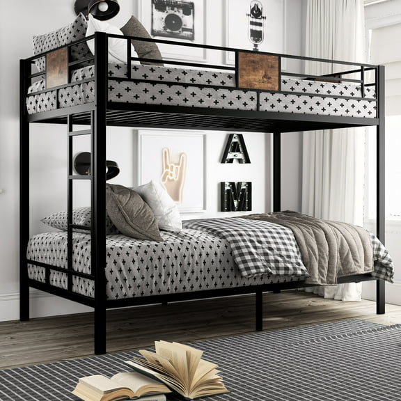 Amolife Metal Twin Over Twin Size Bunk Bed Frame with Stairs & Full-Length Guardrail, Black