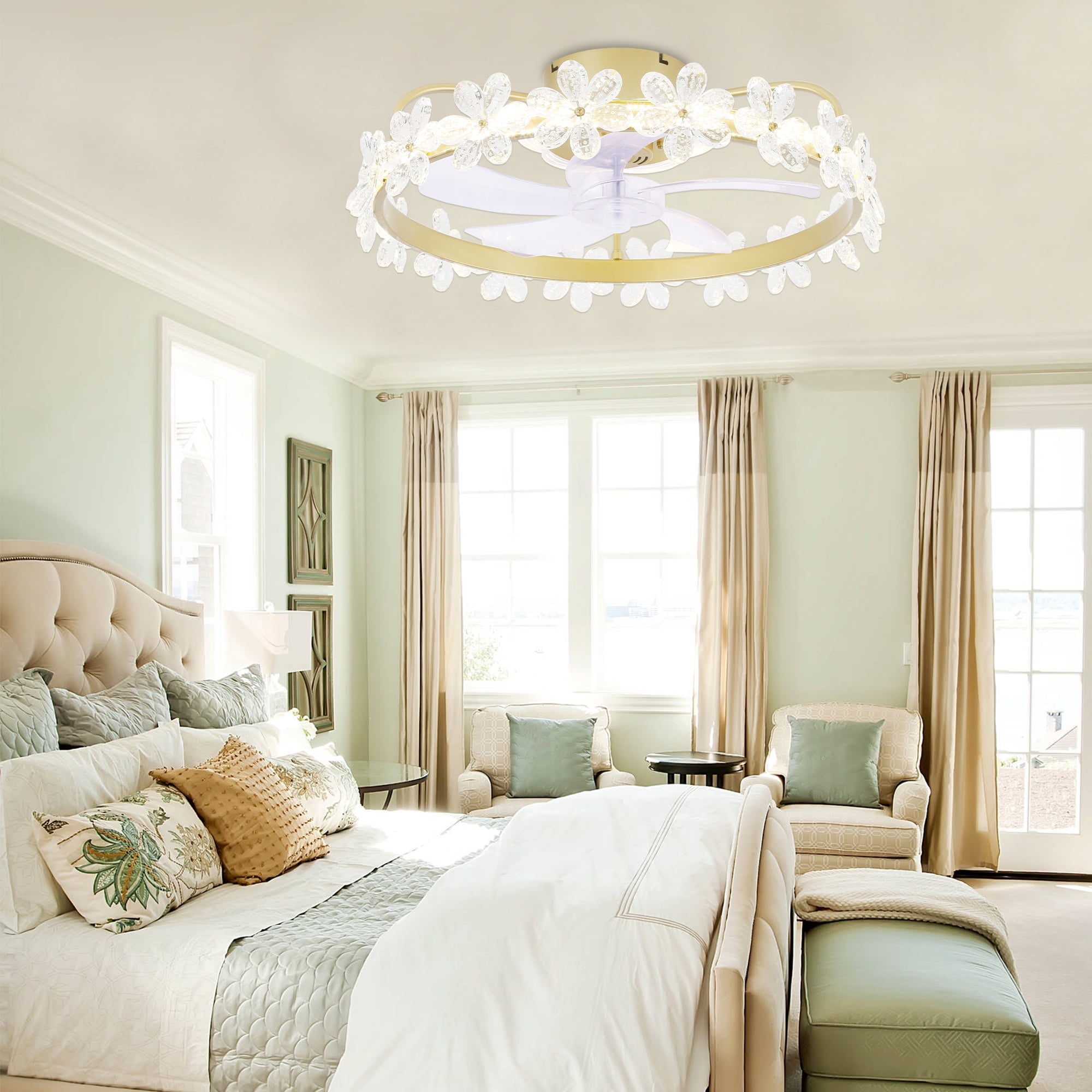 Bella Depot 20Inch Gold Flush Mount Crystal Ceiling Fan with LED Dimmable Light, 6-Speeds, Smart App Control and Remote for Children