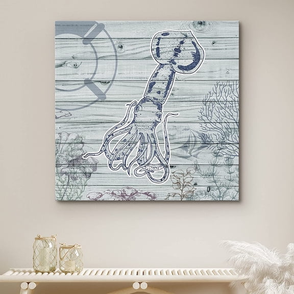 PixonSign Canvas Print Wall Art Squid Swims in Ocean Animals Beach Digital Art Modern Art Nautical Relax/Calm Blue Duotone for Living Room, Bedroom, Office - 12"x12"