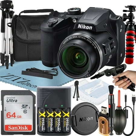 Nikon COOLPIX B500 Digital Camera (Black) with 16MP 40x Optical Zoom, SanDisk 64GB Memory, Tripod, Case, Pistol Grip and ZeeTech Bundle