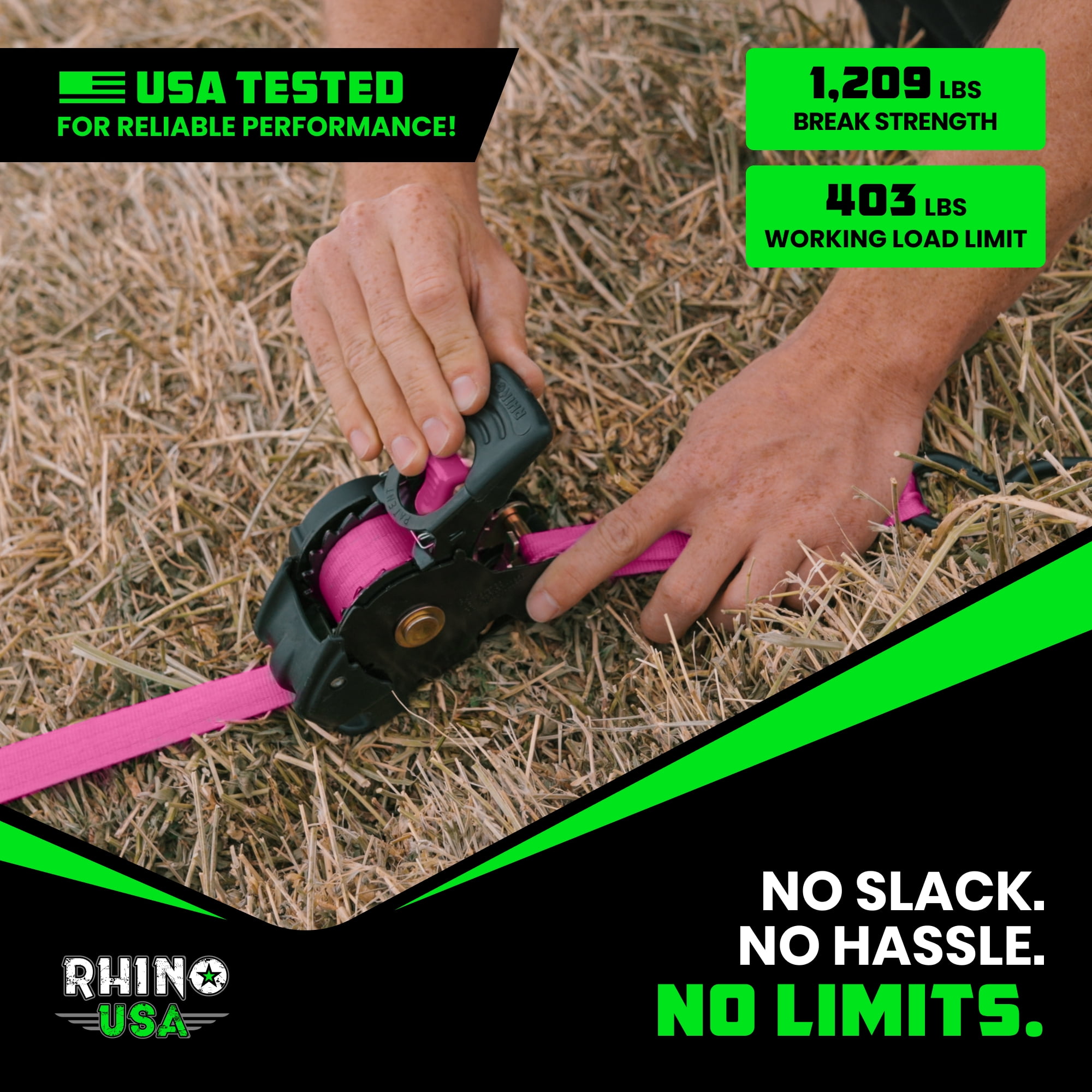 Rhino USA Retractable Ratchet Straps (2-Pack) - 1 Inch x 10 Feet (1,209lb Break Strength) - Auto Self Retracting Tie Down Straps for Truck, Cargo Trailer, Motorcycle, ATV, UTV - Pink