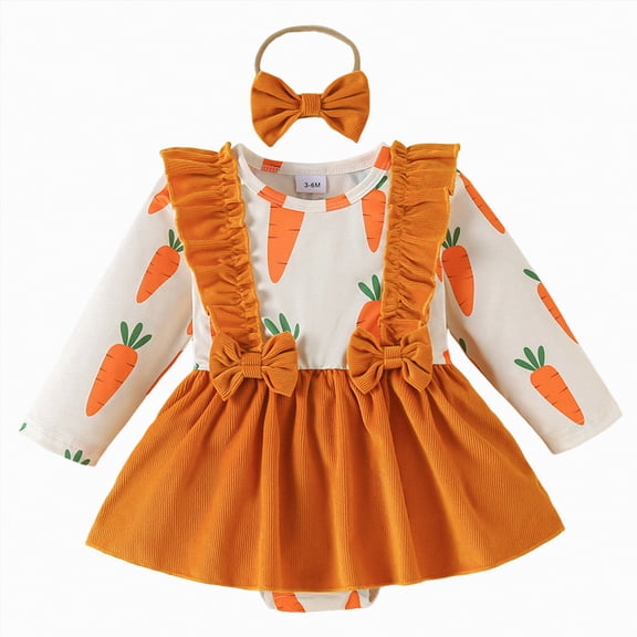 mgoYE Baby Girl Easter Outfit Carrot Embroidery Infant Long Sleeve Romper Cute Easter Clothes(Orange,6-12 Months)