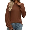 thumbnail image 3 of HVOBTTY Womens Long Sleeve Pullover T Shirt, Fall Tops for Women, Women's Fashion Casual Solid Color Crew Neck Arrival Loose Fitting Ribbed CollarT Shirt Brown, L, 3 of 5