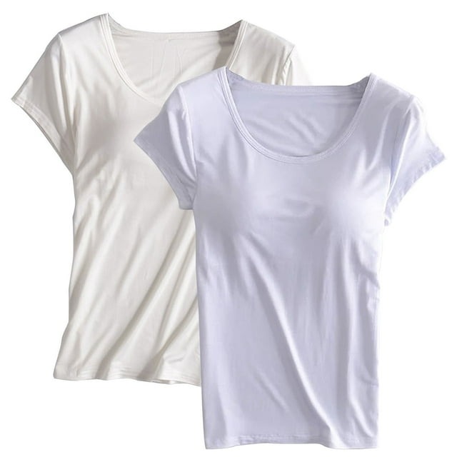T-Shirt à Manches Courtes pour Femmes Soldes Chemises de Mélange 2 Pcs avec Soutien-Gorge Tunique Rembourrée Manches Courtes Col Rond Confortable Athlétique