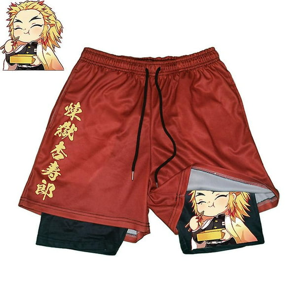 Anime Demon Slayer Gym Shorts hombres 2 en 1 malla transpirable hombre Casual Rengoku Shorts Fitness hombres culturismo pantalones cortos para correr