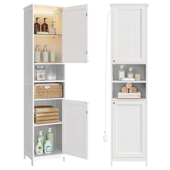 Tall Bathroom Cabinet with Lights, Slim Freestanding Bathroom Storage Cabinet with Adjustable Shelves, Modern, White
