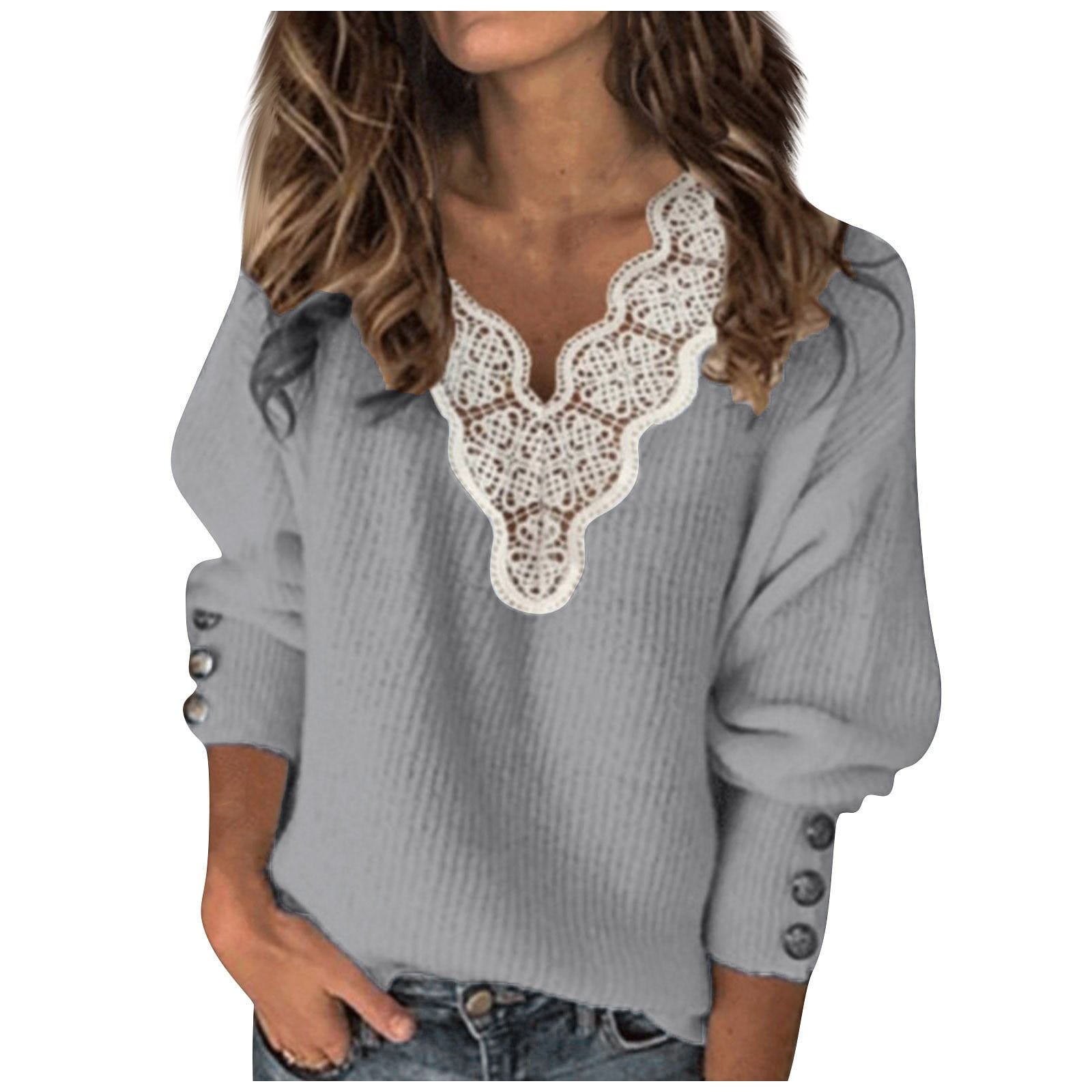 Black Lace Top Womens Winter Pullover Casual Splicing V-Neck Lace