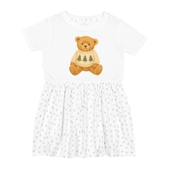 Inktastic Vintage Teddy Bear in Sweater with Christmas Trees Girls Toddler Dress