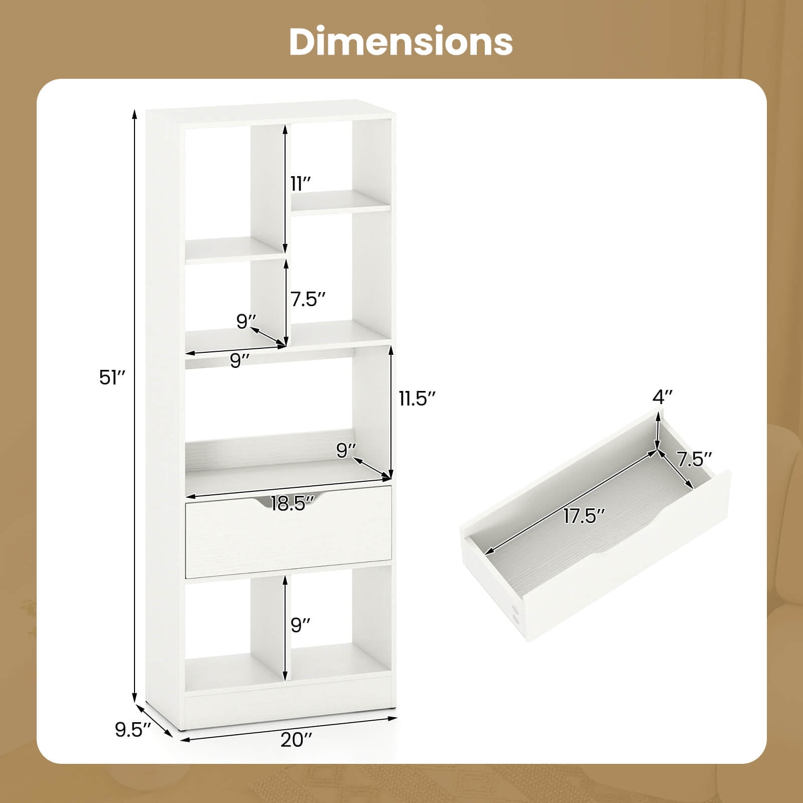 Costway 2 PCS 51” Tall Bookcase with Drawer 7 Open Cubes Anti-toppling Kits for Study Home White