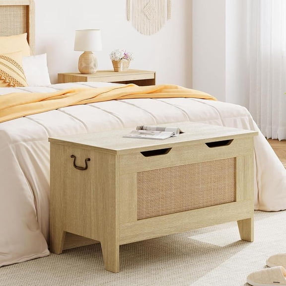 39.4"Farmhouse Storage Bench-Solid Wood Toy Chest with Safety Hinge, 350 lb Weight Capacity for Entryway & Bedroom,Light Oak