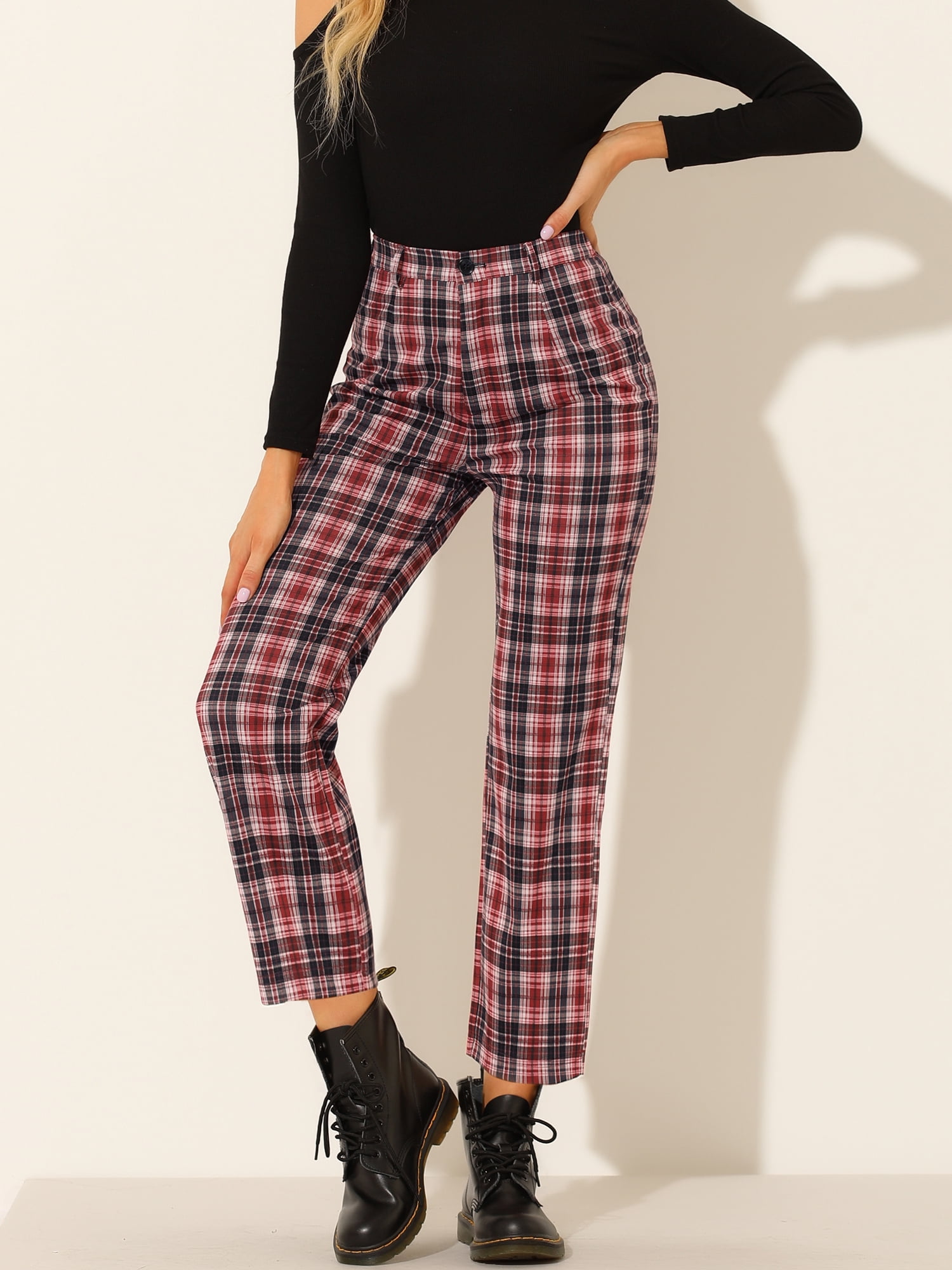 DARING DIVA Women's Plaid Pants High Waisted Tartan Checkered Cropped Pants 2XL Red