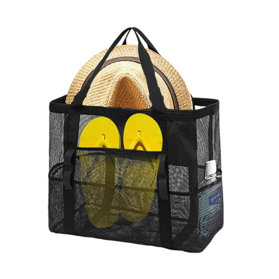Bxaolu Mesh Beach Bag - Large Tote Bag for Family, Toys, Vacation Essentials (Black)