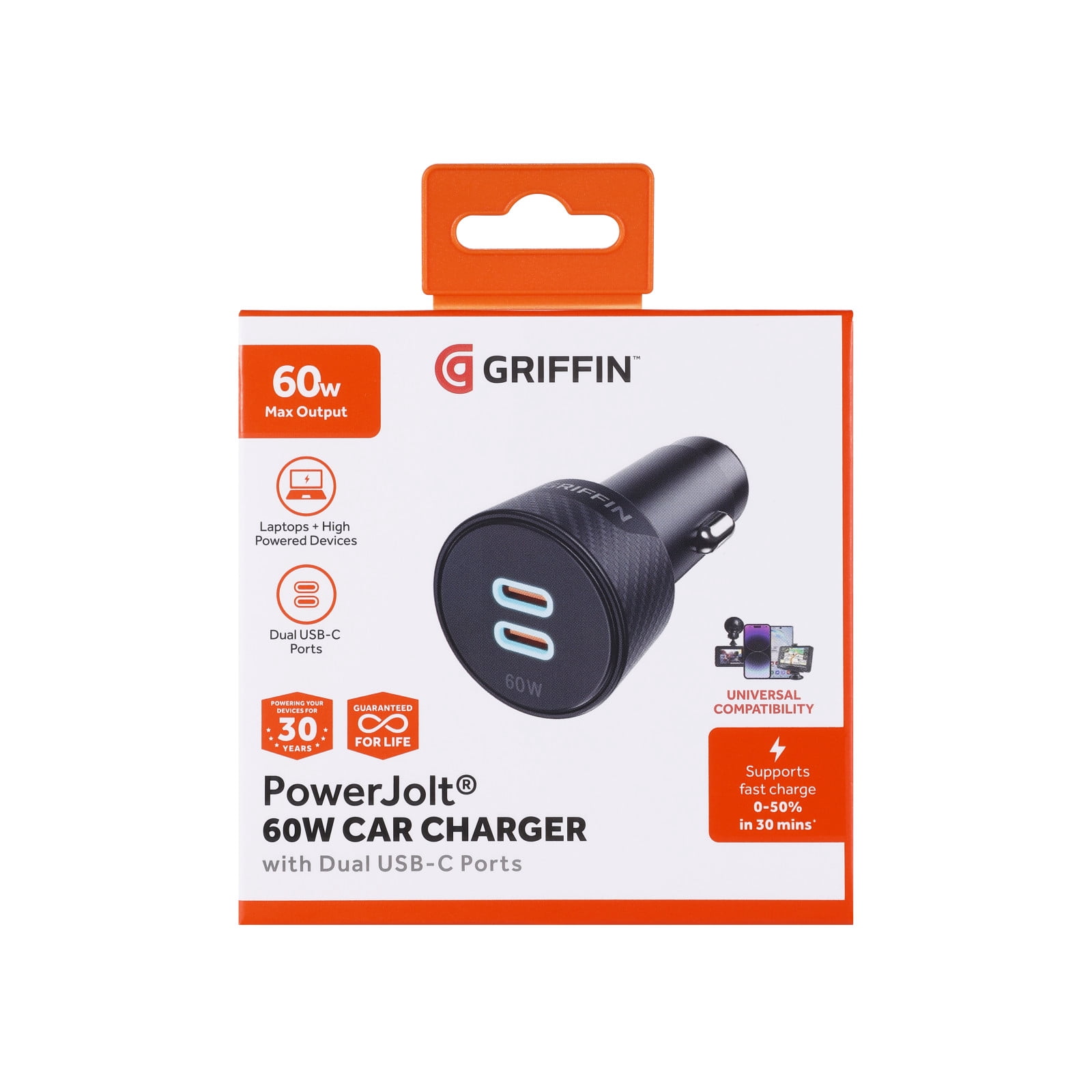 Griffin PowerJolt® 60W Dual USB-C Car Charger - Fast Charging for Laptops, Smartphones, Tablets & More,  Universal USB-C Charger for Car, Quick Car Charger, Car Charging Adapter