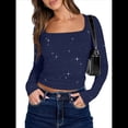 thumbnail image 2 of Camisetas de Larga con Cuello Cuadrado para Mujer - Camiseta Básica Ajustada Azul Marino XL, 2 of 7