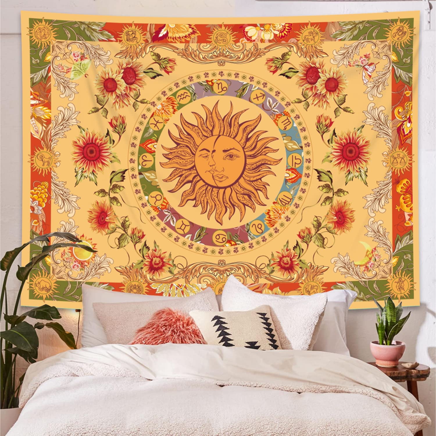Simpkeely Yellow Sun and Moon Boho Tapestry Vintage Indie Tapestry Wall