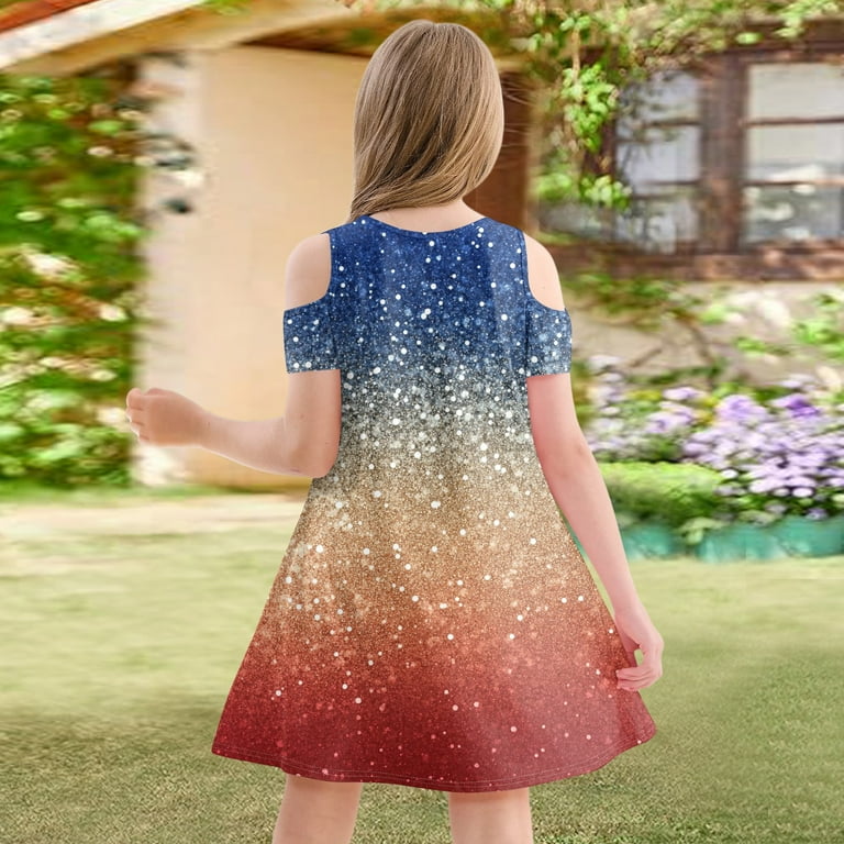 XADYUY Independence Day Dress for Girls Glitter Stars Printed 4th