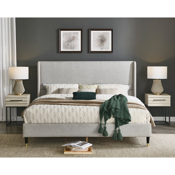 Miekor Furniture Arles 3-Piece Upholstered Bedroom Set, Wingback Platform Bed with Two Nightstands No6812