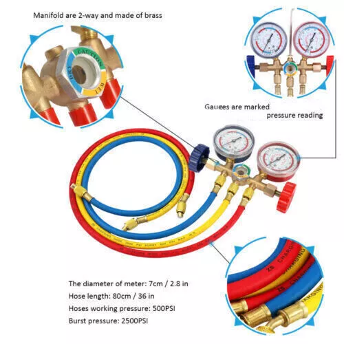 HVAC Manifold Gauge, Car Refrigerant Recharge Leak Double Meter, Air Conditioning Fluorine Adding Tool W/ 1/4 Connectors 3-Color 35" Hose Support 500psi Working Pressure