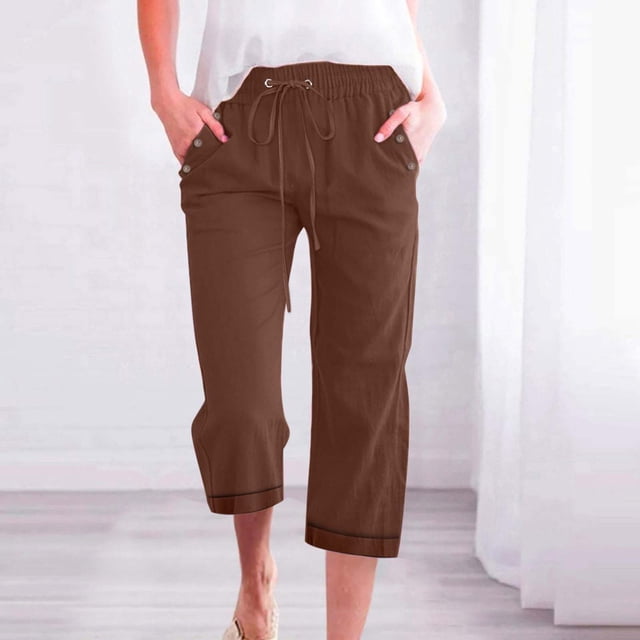 FUNUONY Big Sale!! Womens Summer Capri Pants Straight Leg Elastic Waist Casual Business Pants Loose Work Lounge Trousers with Pockets Drawstring Solid Color Three Quarter Pants Coffee L