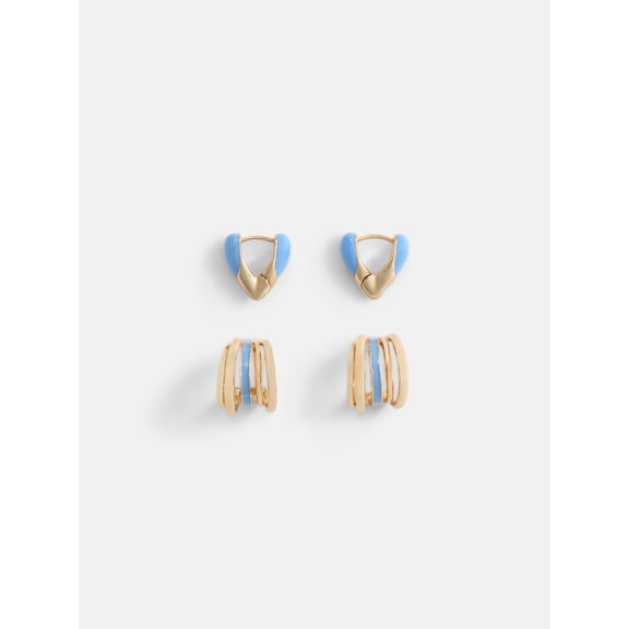 Free Assembly Women's Goldtone Duo Hoop Earring Set with Blue Enamel, 2-Pair