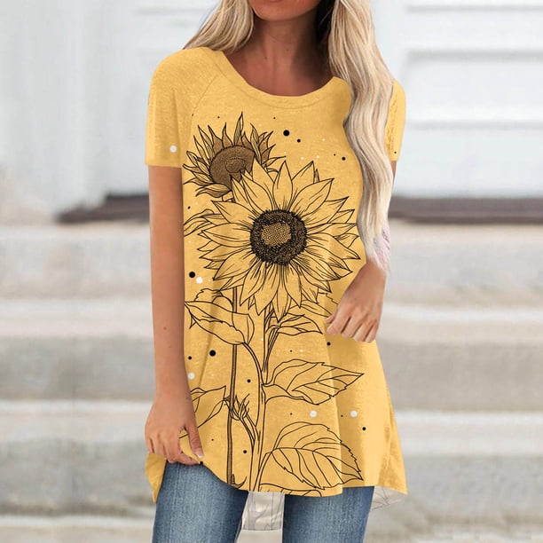 Fiudx Camisas de Mujer Top de Cuello Redondo de Manga Corta Raglán Largo con Espalda Corta y Estampado Informal para Mujer