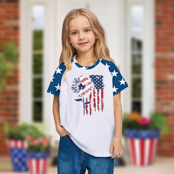 YABCSAZ 4th of July Tops for Girls Boys Short Sleeve Casual Loose Fit Summer T-shirts American Flag Star Kid Outfits Toddler Baby Patriotic Clothes Unisex Tops Independence Day Tops 7 Years