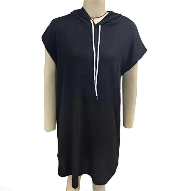 Hooded Drawstring Dress Short Sleeve Casual Fitted Women Hoodie Drawstring Dress for Dating Daily Life Black XL