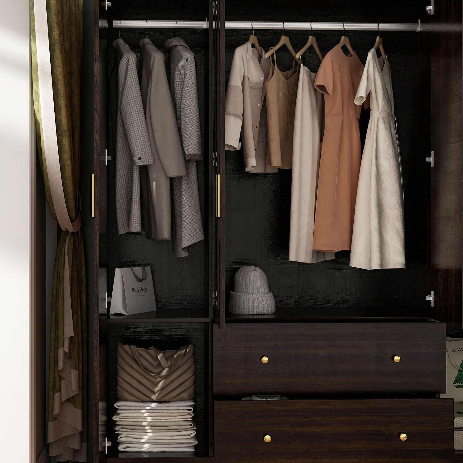 WIAWG Modern Mirrored Armoire Closet for Bedroom, 4 Door Wardrobe with Hanging Rods, Drawers and Shelves, Brown