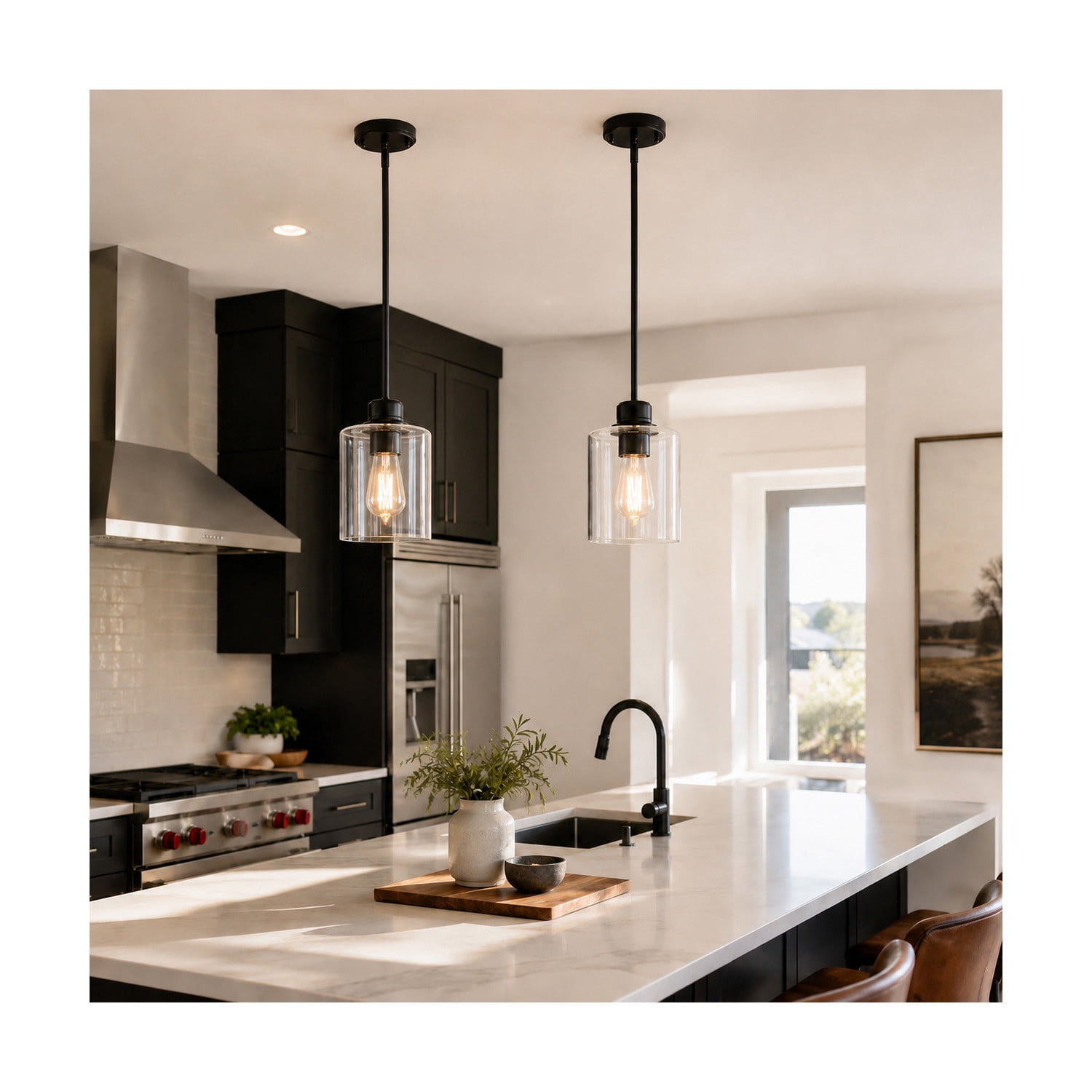 Matte Black Haddie 1-Light Mini Pendant, Dimmable with Clear Glass Shade, Sloped Ceiling Compatible, 2-Pack