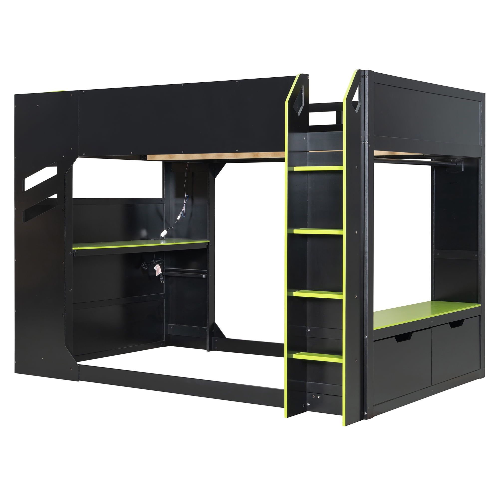 Mintazer Full Gaming Loft Bed with Height Adjustable Desk, Drawers, Storage Compartments, Hanging Rod and RGB Lights for Boys Girls, Black & Green